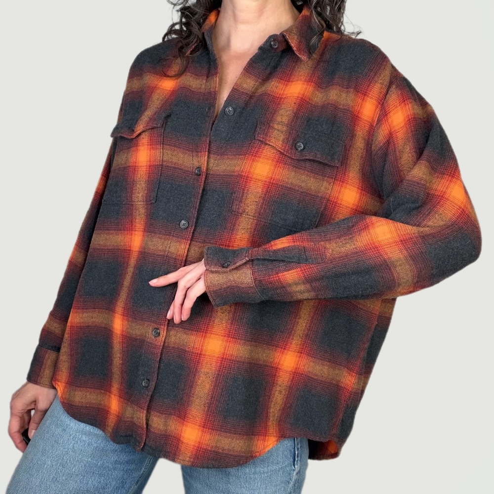Old Navy Taylor Swift Evermore Boyfriend Flannel Shirt top Orange‎ Grey Plaid  L